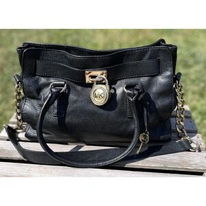 Michael Kors Satchel Bag Womens Black Leather Gold Chain Shoulder Purse Large MK